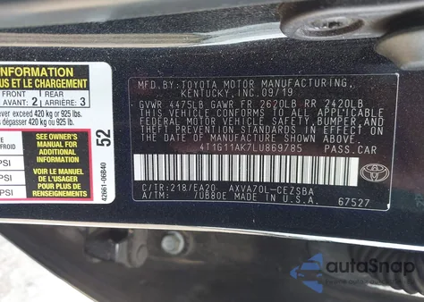 2020 Toyota Camry Se z USA, uszkodzony, nr VIN 4T1G11AK7LU869785